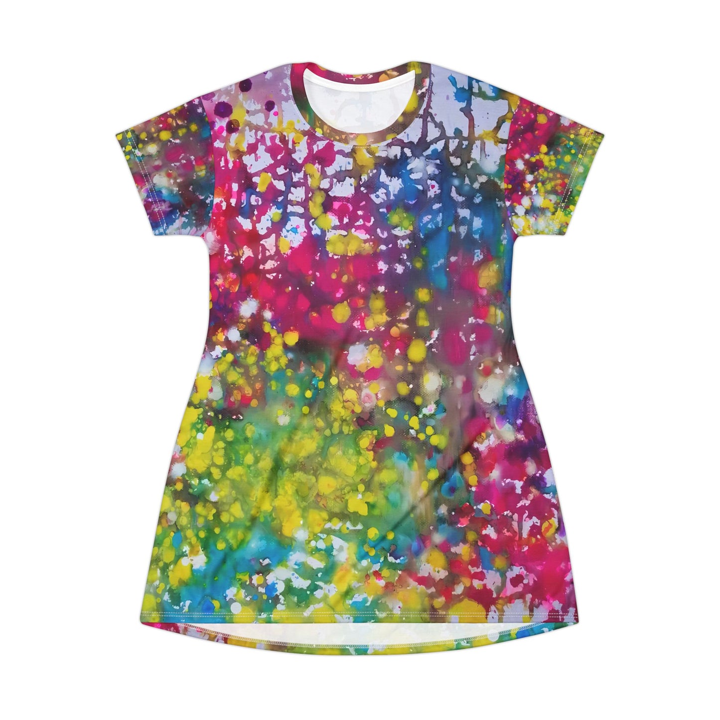 Women's summer t-shirt dress of happiness featuring abstract wearable art by Diana Dimova TRAXI. A short-sleeve tunic dress with an all-over abstract watercolor splatter print in vibrant shades of pink, blue, yellow, green, and purple, shown against a plain white background.